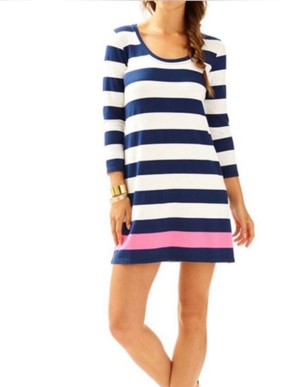 Lilly Pulitzer Navy and White Striped Dress with Hot Pink Hem small 3/4 sleeves